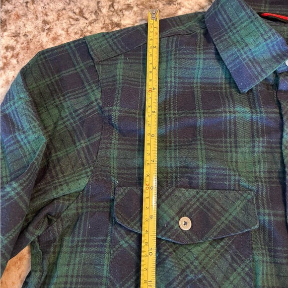 S NEW Design in Italy Flannel Shirt Mens Green Blue Plaid Pockets Long Sleeve - Picture 4 of 10